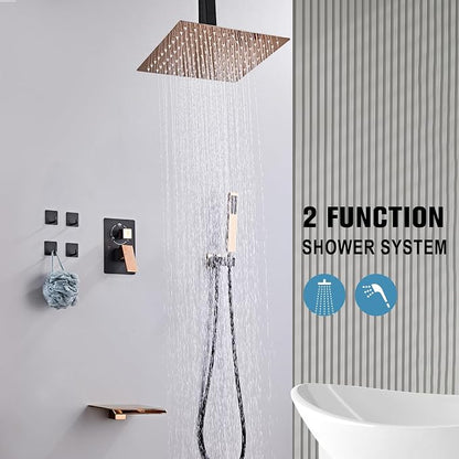 12 Inch Ceiling Mount Shower System Matte Black Gold Rain Mixer Shower Combo Set High Pressure Rainfall Shower Head System Bathroom Luxury Shower Faucet Set Rough-in Valve and Trim Included - Image 5