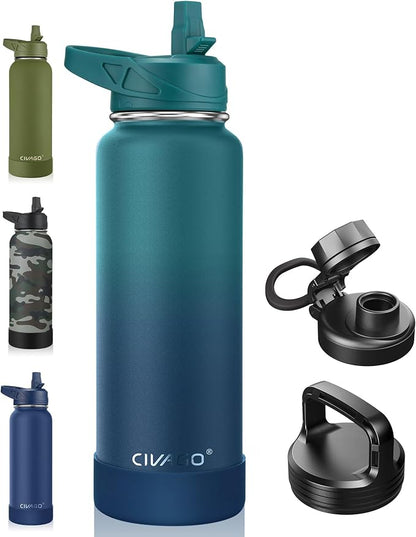 CIVAGO 40 oz Insulated Water Bottle With Straw, Stainless Steel Sports Water Cup Flask with 3 Lids (Straw, Spout and Handle Lid), Double Walled Travel Thermal Canteen Mug, Dark Night by CIVAGO