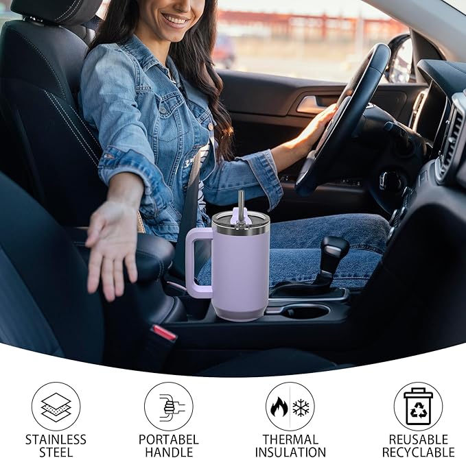 40 oz Tumbler with Handle,Tumbler with Lid and Straw,Double Wall Insulated Cup Stainless Steel Travel Mug(Cold for 34 Hours),Water Bottle for Iced Tea,Coffee,Cold Beverages(Purple) - Image 6