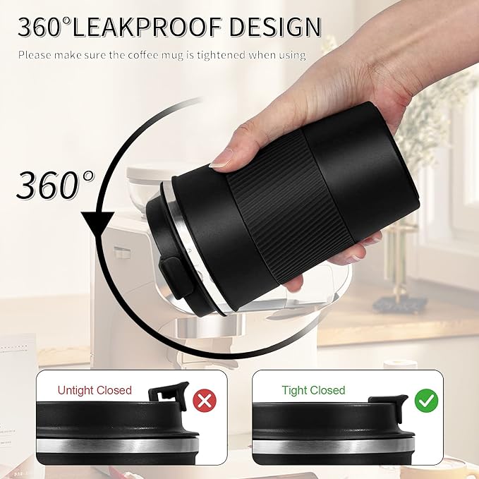 YINBAOGE Insulated Travel Coffee Mug, Spill & Leak Proof, Portable To Go Camping Stainless Steel Coffee Tumbler, Reusable Thermal Coffee Cup with Lid for Hot & Cold Drinks (Black, 17 OZ) - Image 4