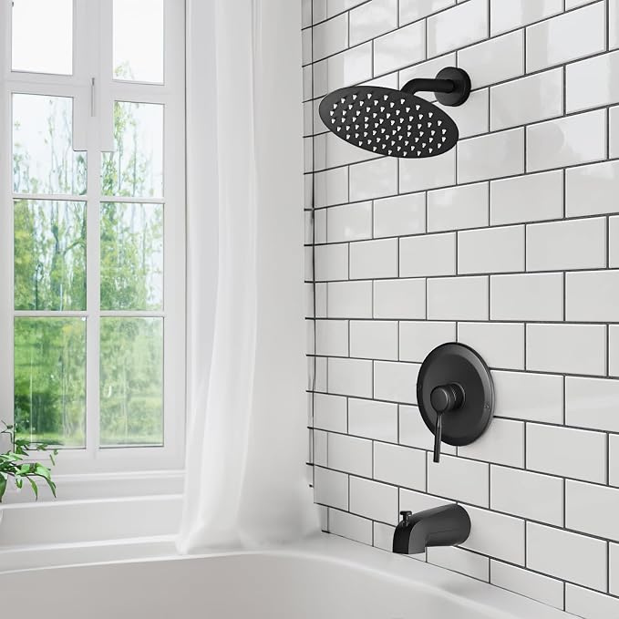 HUCKLE Tub Shower Faucet Set with Valve, 8-Inch Rainfall Shower Head and Bathtub Spout, Single-Handle Tub and Bathroom Trim Kit, Matte Black - Image 2