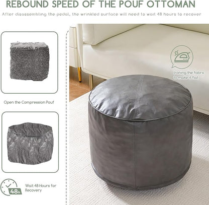 HIGOGOGO Round Stuffed Pouf Ottoman, Pu Leather Poufs - Image 5