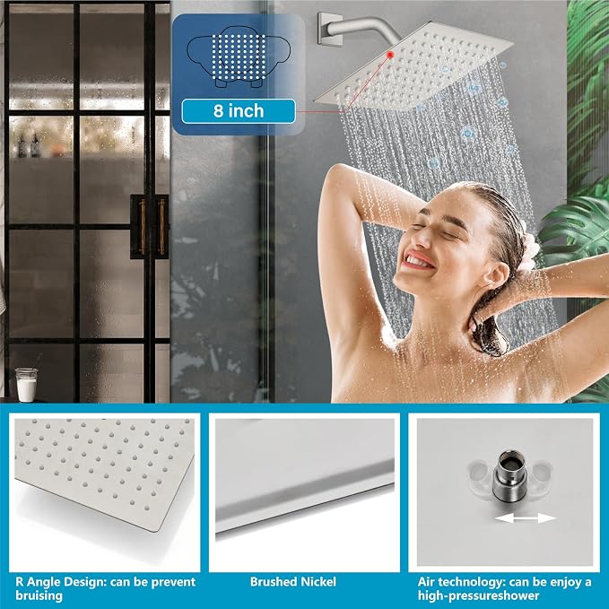 Midanya 3 Handle Tub Shower Faucet with Tub Spout,8-inch Rainfall Bathtub Rain Shower Faucet Set and Rough-in Valve Wall Mount Bathroom Trim Kit Shower System, Square Shower Head Brushed Nickel - Image 2