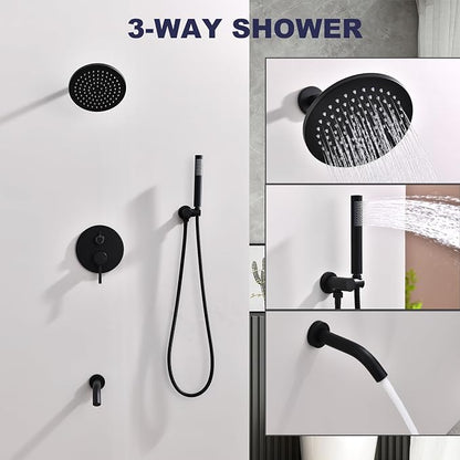 Shower System with Tub Spout, Black Bathtub Shower Faucet Set, 8" Rain Shower Head and Handheld Spray Combo, Round Shower Head and Handle Set with Tub Spout (Valve Included), Matte Black - Image 4