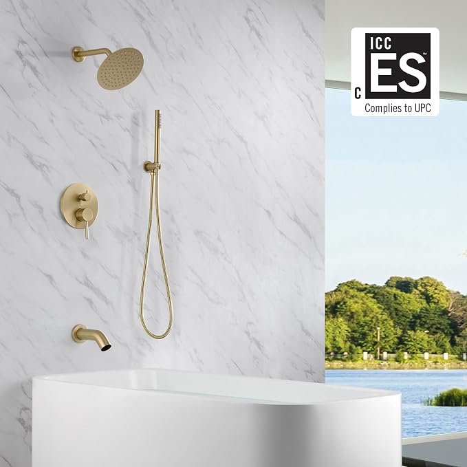 SUMERAIN Shower System with Tub Spout and Handheld Shower, Brass Rain Shower Tub Set with 8 Inches Shower Head and Rough in Valve Brushed Gold - Image 2