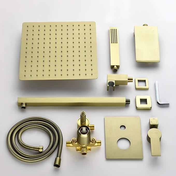 SHAMANDA Shower System with Waterfall Tub Spout and Handheld Shower Head, 12" Rain Shower Faucet Sets Complete with Shower Round-in Valve and Trim Wall Mount, Brushed Gold, L101-3 - Image 9