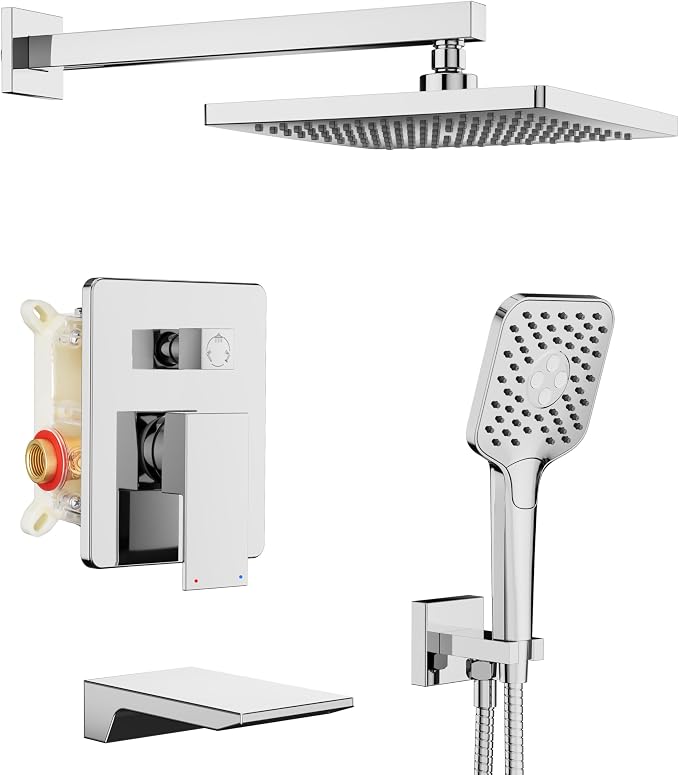 Gabrylly Shower System with Tub Spout, Wall Mounted Tub Shower Faucet Set for Bathroom with High Pressure 10" Rain Shower head and 3-Setting Handheld Shower Head Set,Chrome by GABRYLLY