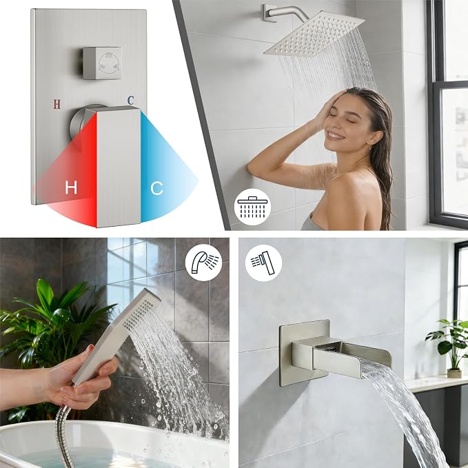 Midanya Rain Shower System Tub Shower Faucet Set Square Rainfall Waterfall Shower Head with Handheld Sprayer Tub Spout Combo Wall Mounted bathtub faucet set Rough-in Valve, 8 Inch Brushed Nickel - Image 4