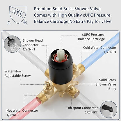 Tub Shower Faucet Combo Set Matte Black Bathtub Faucet Set Shower System with Tub Spout Shower Tub Kit Shower Valve and Trim Kit Shower Fixtures - Image 5