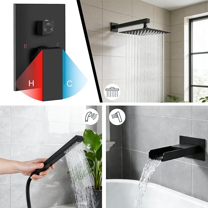 Midanya Rain Shower System Tub Shower Faucet Set Square Rainfall Waterfall Shower Head with Handheld Sprayer Tub Spout Combo Wall Mounted bathtub faucet set Rough-in Valve, 10 Inch Matte Black - Image 4