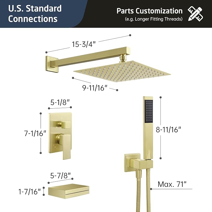 KES Brushed Gold Shower System with Tub Spout, Pressure Balanced Bath Tub Shower Faucet Set Complete with Valve, Shower System with Rain Shower Head with Handheld, XB6305F18-BZ - Image 8