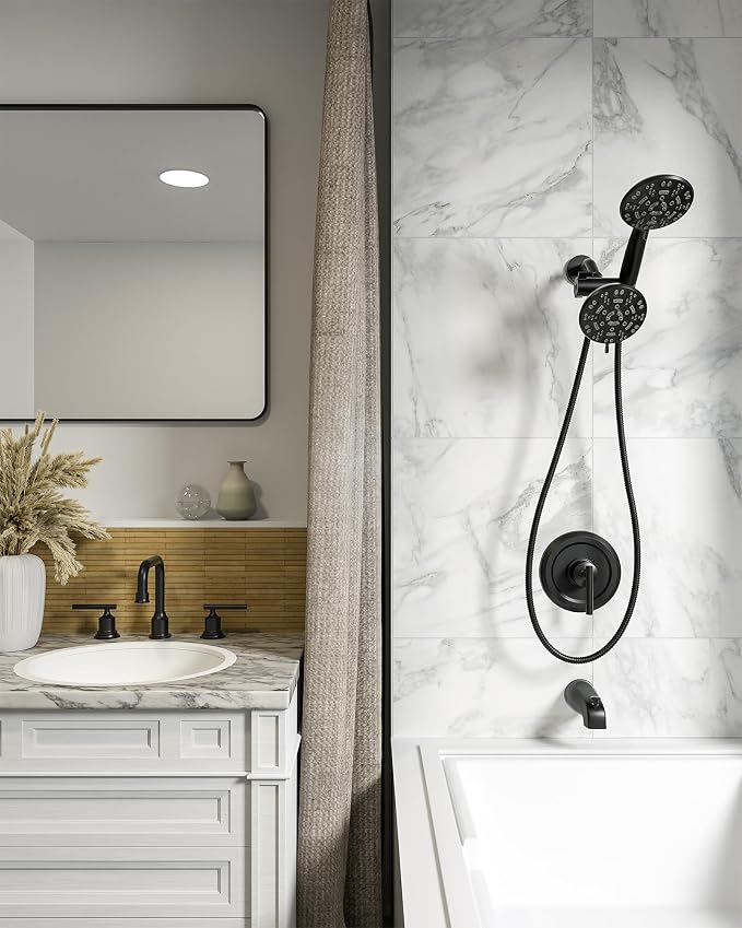 Shower Tub Faucet Head Set Black : WOWOW Black Shower Head and Handle Set with 7 Modes Handheld Shower Head with Hose and Tub Spout, Dual 2 In 1 Shower System Combo Single Handle (Brass Valve Include) - Image 3