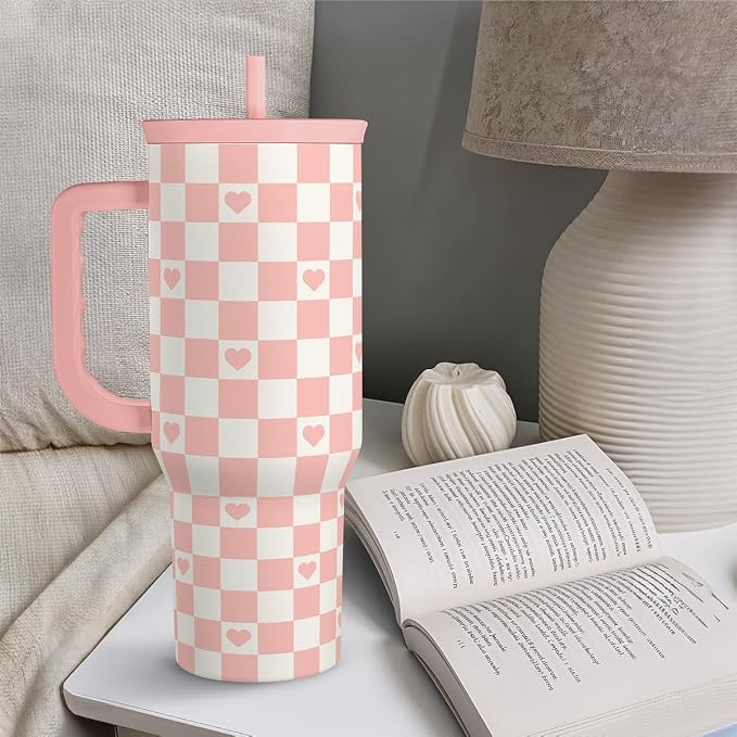 40oz Checkered and Heart Tumbler with Handle and Straw - Insulated Stainless Steel Travel Coffee Mug for Women Girls, Gift for Birthday, Christmas - Image 6