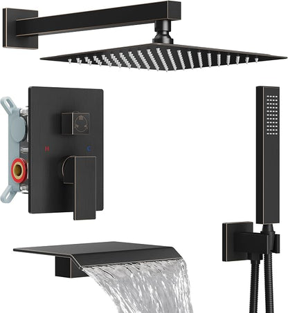 Midanya Shower System with Tub Spout,Bathtub Shower Faucet Set with Square Rainfall Head and Handheld Sprayer Wall Mount Tub Faucet Set with Valve and Trim Kit,10 Inch Oil Rubbed Bronze by Midanya