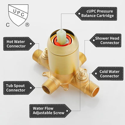 Brushed Gold Shower Faucet Set with Tub Spout, 6 Inch Rain Shower Head and Tub Spout, Shower Fixtures with Tub Spout, Tub and Shower Trim Kit - Image 3