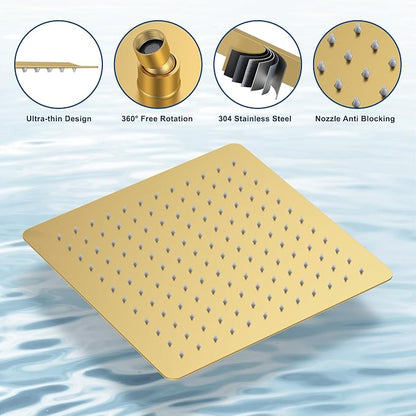 Brushed Gold Shower System with Tub Spout, Ceiling Mounted Bathtub Shower Faucet Set, 12" Rainfall Shower Head and Handheld Shower Combo, High Pressure Shower Fixtures Set with Rough-in Valve - Image 8