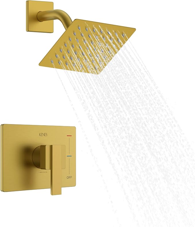 KENES Brushed Gold Shower Faucet, Modern Square 6-Inch Shower Head and Handle Set, Bathroom Rainfall Shower System Wall Mount, KE-6025B-4 (Including Shower Valve) by KENESBathroomKitchen