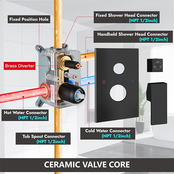Midanya Rain Shower System Tub Shower Faucet Set Square Rainfall Waterfall Shower Head with Handheld Sprayer Tub Spout Combo Wall Mounted bathtub faucet set Rough-in Valve, 10 Inch Matte Black - Image 6