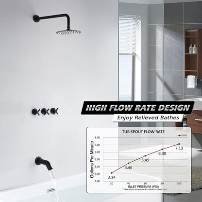 3 Handle Tub Shower Faucet,Matte Black Bathtub Faucet Set with Waterfall Tub Spout,Tub and Shower Trim Kit with Valve,SUMERAIN - Image 3