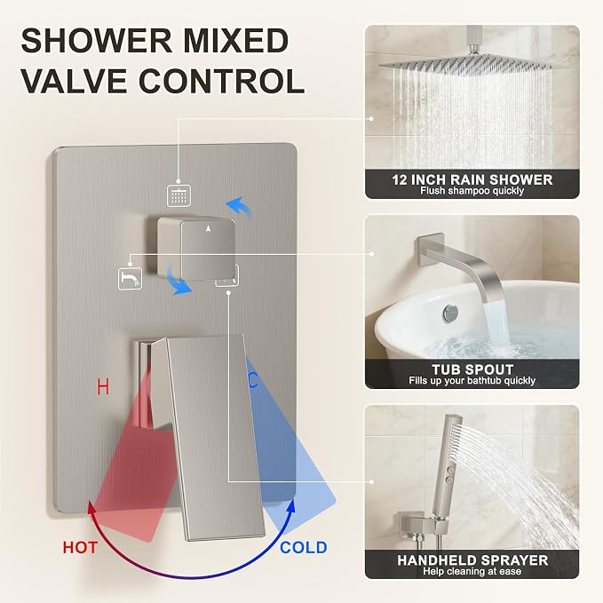 Brushed Nickel Shower System with Tub Spout, Ceiling Mounted Bathtub Shower Faucet Set, 12" Rainfall Shower Head and Handheld Shower Combo, High Pressure Shower Fixtures Set with Rough-in Valve - Image 8