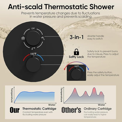Gabrylly Thermostatic Shower System with Tub Spout, All Metal Bathtub Shower Faucets Set with Anti Scald Shower Valve, High Pressure 10" Rain Shower head with Handheld Spray Combo, Matte Black - Image 3