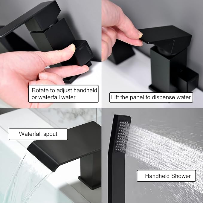 Waterfall Roman Tub Faucet with Hand Shower Matte Black 3 Hole Bathtub Faucet with Sprayer Deck Mount Bath Tub Filler Set - Image 5