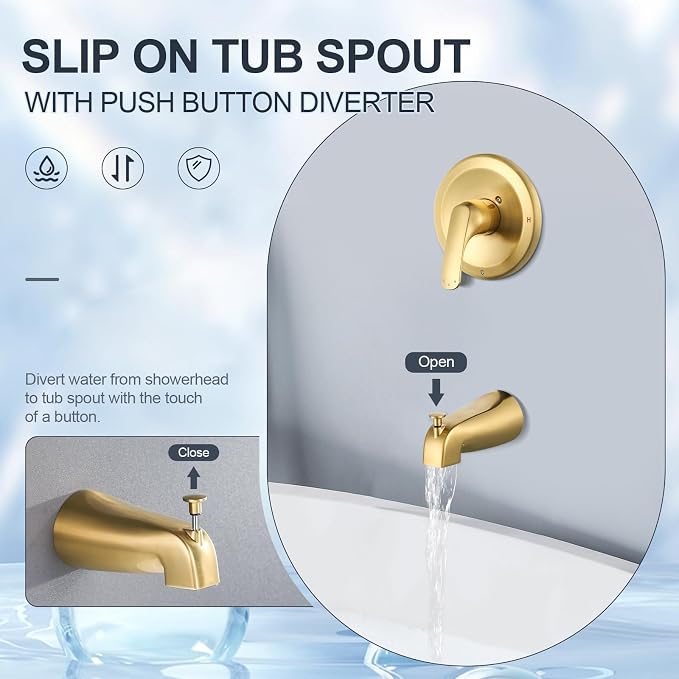 Shower Faucet with Valve, Bathroom Tub Shower Faucet Kit, Single Handle Rain Shower Head with Tub Spout, Solid Brass Shower Tub Faucet Set Complete, Bathtub Faucet with Shower, Brushed Gold - Image 5
