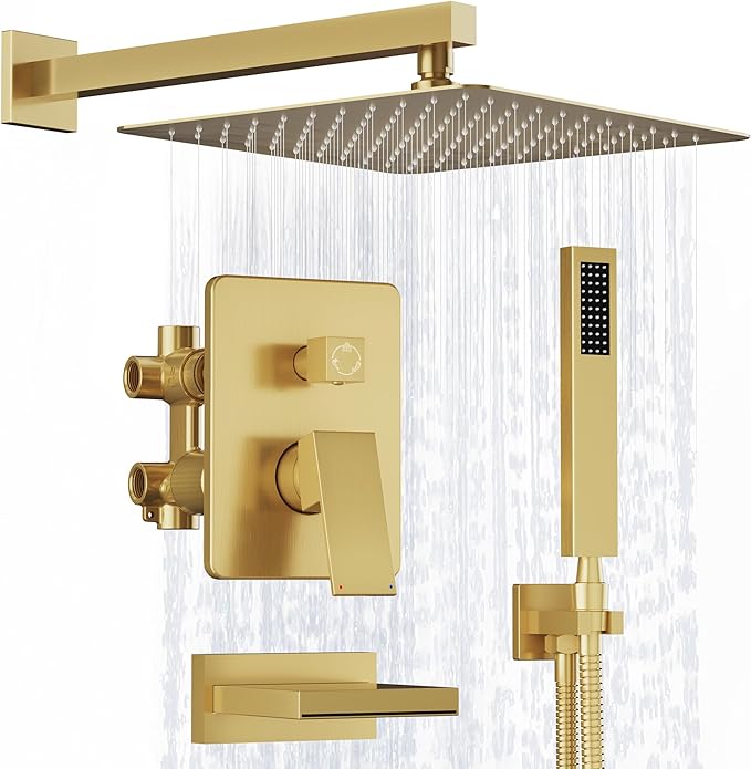 Kurpot Brushed Gold Shower System, All Metal Gold Shower Faucet Set with Tub Spout, 10'' Gold Shower Head with Handheld, 59'' Shower Hose, Shower Valve and Diverter, Wall Mounted Bath Tub Faucet Set by Kurpot