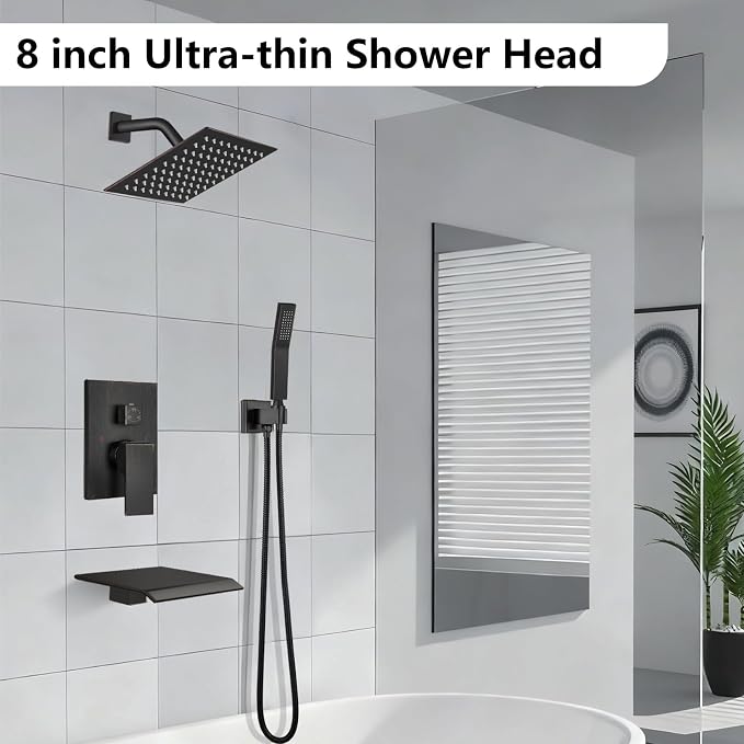 Midanya Shower System with Tub Spout,Bathtub Shower Faucet Set with Square Rainfall Head and Handheld Sprayer Wall Mount Tub Faucet Set with Valve and Trim Kit,8 Inch Oil Rubbed Bronze - Image 2