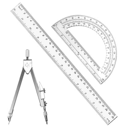 3 Packs Plastic 12 Inch Ruler, 6 Inch Clear Protractor and Compasses Set by Unknown