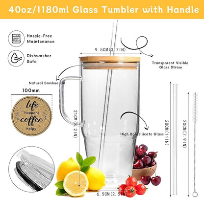 ANOTION Glass Cups with Lids and Straws - 40 Oz Tumbler with Handle and Straw Glass Water Bottles Drinking Glasses with Straws Iced Coffee Cups Travel Coffee Mug Smoothie Tumbler - Image 2