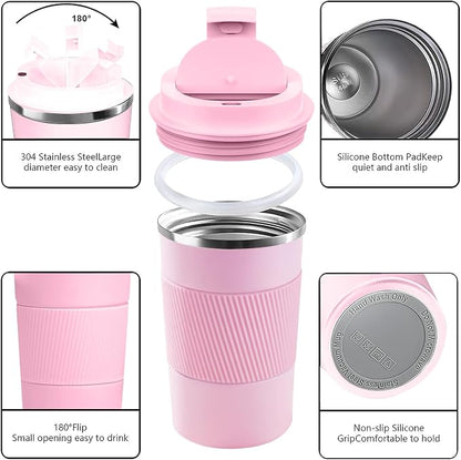 YINBAOGE Insulated Travel Coffee Mug, Spill & Leak Proof, Portable To Go Camping Stainless Steel Coffee Tumbler, Reusable Thermal Coffee Cup with Lid for Hot & Cold Drinks (Pink, 12 OZ) - Image 2