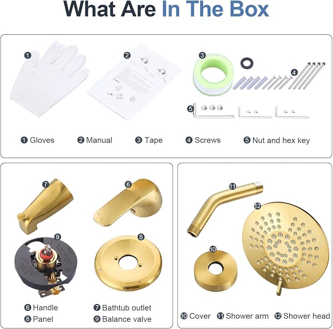 Shower Faucet with Valve, Bathroom Tub Shower Faucet Kit, Single Handle Rain Shower Head with Tub Spout, Solid Brass Shower Tub Faucet Set Complete, Bathtub Faucet with Shower, Brushed Gold - Image 8