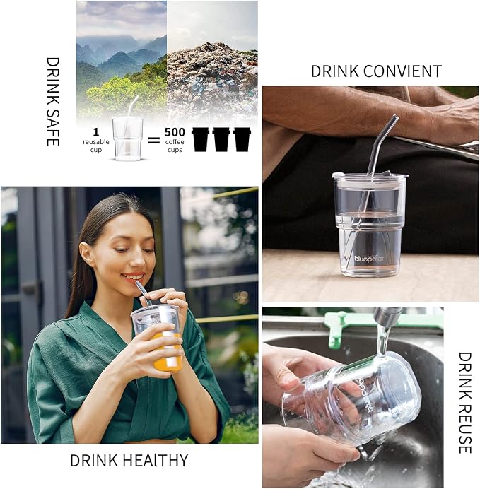 BLUEPOLAR 13oz/400ml Glass Water Tumbler with Straw and Lid Sealed Carry On Thick Wall Iced Coffee Cup Glass Cup for Water, Iced Tea Fruit Juice Etc (Aurora White-4Pack) - Image 6