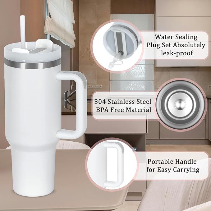 4 Pack 40 Oz Tumbler with Handle Bulk, Double Wall Vacuum Insulated Stainless Steel Tumbler with Lid and Straw, 40 oz cup with Silicone Spill Proof Stopper Set (White) - Image 4