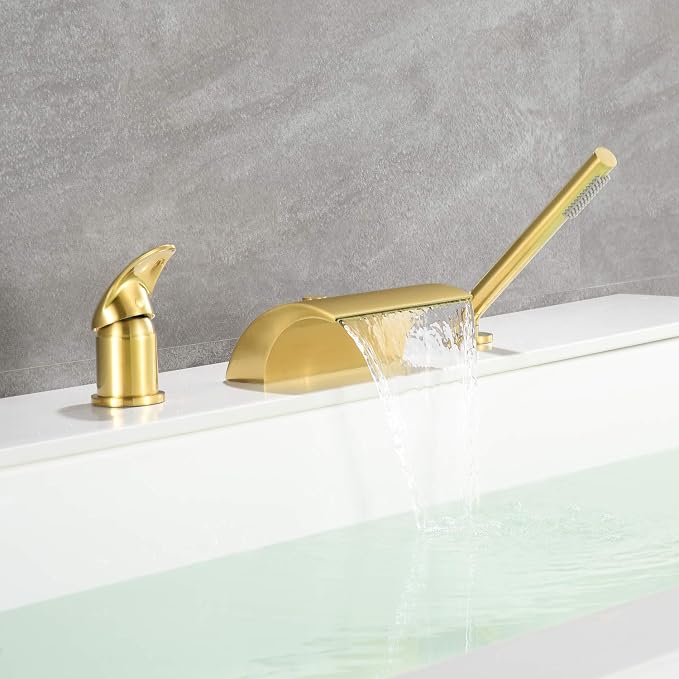 sumerain 3 Hole Roman Tub Faucet with Hand Shower, High Flow Single Handle Waterfall Bathtub Filler Brushed Gold Finish - Image 4