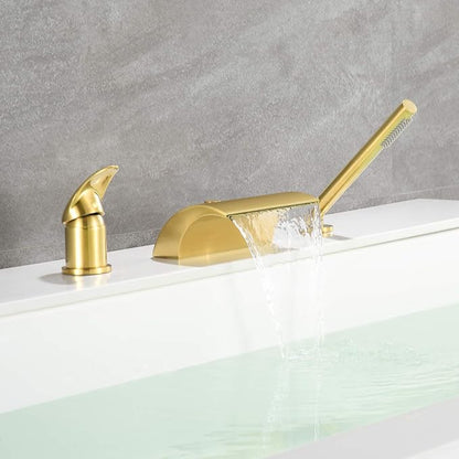 sumerain 3 Hole Roman Tub Faucet with Hand Shower, High Flow Single Handle Waterfall Bathtub Filler Brushed Gold Finish - Image 4