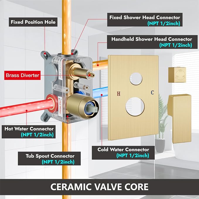 Midanya Shower System with Tub Spout,Bathtub Shower Faucet Set with Square Rainfall Head and Handheld Sprayer Wall Mount Tub Faucet Set with Valve and Trim Kit,12 Inch Brushed Gold - Image 6