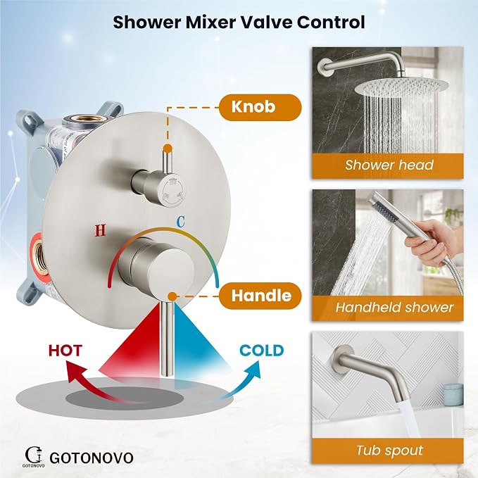 gotonovo Shower System with Tub Spout Wall Mount 3 Function Rough-in Valve Bathtub Shower Faucets Set Complete Rain 10 Inch Round Showerhead Trim Kit Combo, Cylindrical Handheld, Brushed Nickel - Image 4