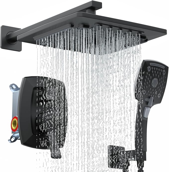 ELLO&ALLO Matte Black Bathroom Shower Faucet Set with Valve, Rainfall Shower Head with Handheld Combo by ELLO%26ALLO