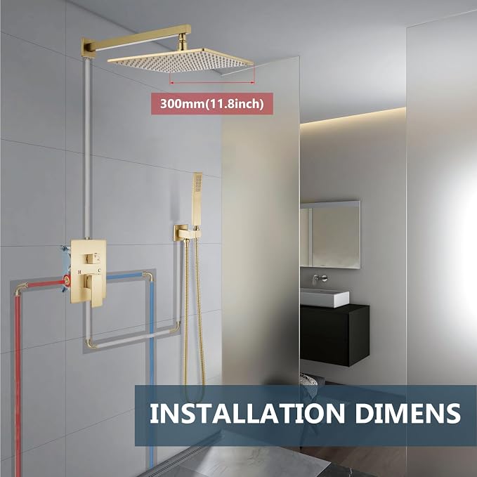 Aolemi Shower Faucet Set with Handheld Spray High Pressure Shower System Shower Faucets Sets Complete Rough-in Valve and Shower Trim Kit Wall Mount Rainfall 12 Inch LED Shower Head Brushed Gold - Image 9