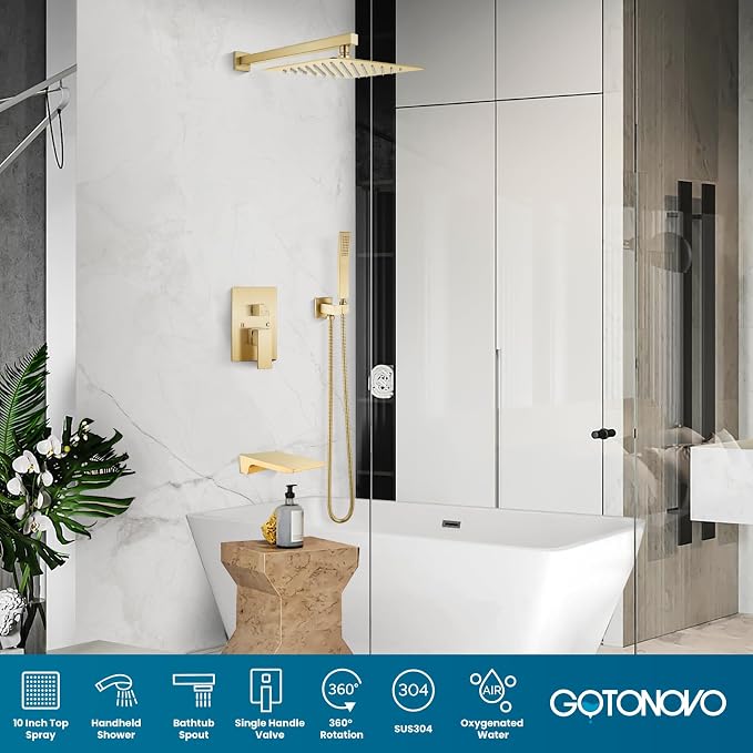 gotonovo Shower System with Tub Spout,Waterfall Tub Shower Faucet Set for Bathroom Head and Handle Set Wall Mounted 3 Function Rough-in Valve and Trim Included 10 inch Shower Head Brushed Gold - Image 8