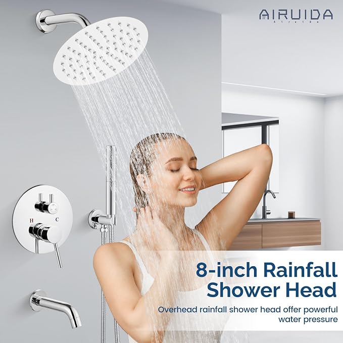 Airuida 3-Function Rain Shower System Set – Wall Mount Tub Shower Combo with Handheld Shower and Tub Spout,8 Inch Shower Head,Polished Chrome - Image 7