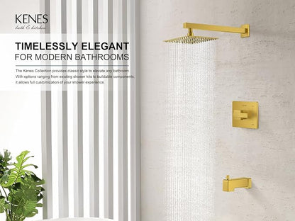 KENES Brushed Gold Tub and Shower Trim Kit, Square Tub Shower Faucet Set Complete with 10-Inch Rainfall Shower Head and Tub Spout, KE-6024A-4 (Shower Valve Included) - Image 2