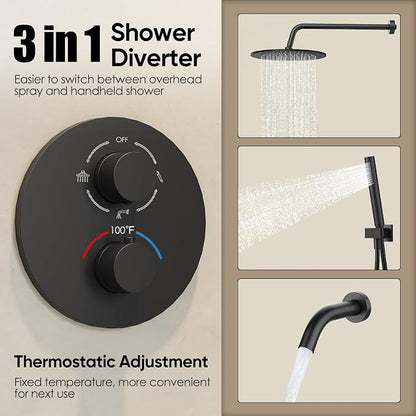 Gabrylly Thermostatic Shower System with Tub Spout, All Metal Bathtub Shower Faucets Set with Anti Scald Shower Valve, High Pressure 10" Rain Shower head with Handheld Spray Combo, Matte Black - Image 8