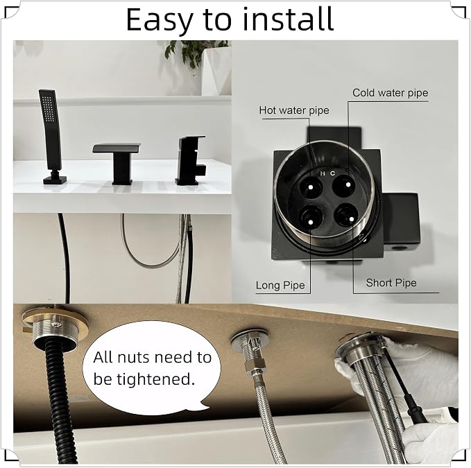 Waterfall Roman Tub Faucet with Hand Shower Matte Black 3 Hole Bathtub Faucet with Sprayer Deck Mount Bath Tub Filler Set - Image 6