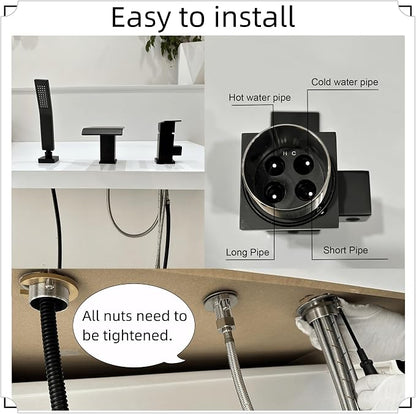 Waterfall Roman Tub Faucet with Hand Shower Matte Black 3 Hole Bathtub Faucet with Sprayer Deck Mount Bath Tub Filler Set - Image 6