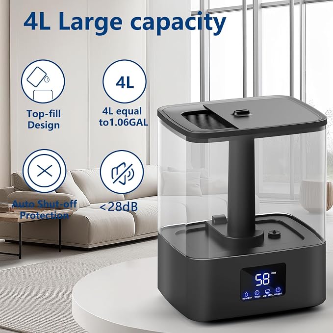 KZF 4L Top Fill Humidifiers for Bedroom & 60H Runtime - Cool Mist Humidifier, 3 Mist Levels, 8H Timer, Essential Oil Tray, Humidity Display, Quiet for Bedroom, Baby, Plants, Large Room (Black, 4L) - Image 2