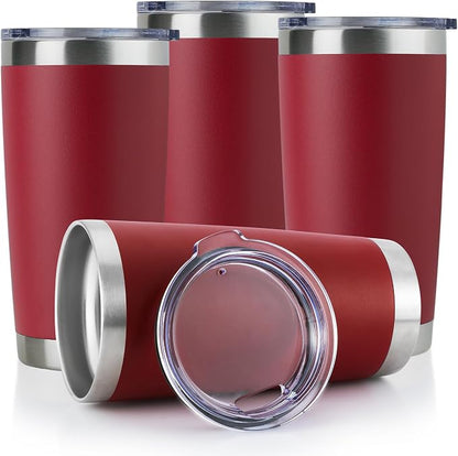 DOMICARE 20oz Stainless Steel Tumbler Bulk with Lid, Double Wall Vacuum Insulated Travel Mug, Powder Coated Coffee Cup, Powder Red, 4 Pack by VisittheDOMICARE