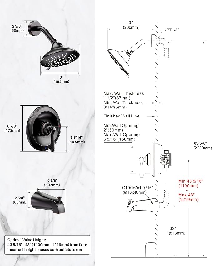 Shower Tub Faucet Set Bronze: ARCORA Bathtub Faucet Set with 6-Inch Rain Showerhead and Tub Spout, Oil Rubbed Bronze Bathtub and Shower Trim Kit (Valve Included) - Image 8